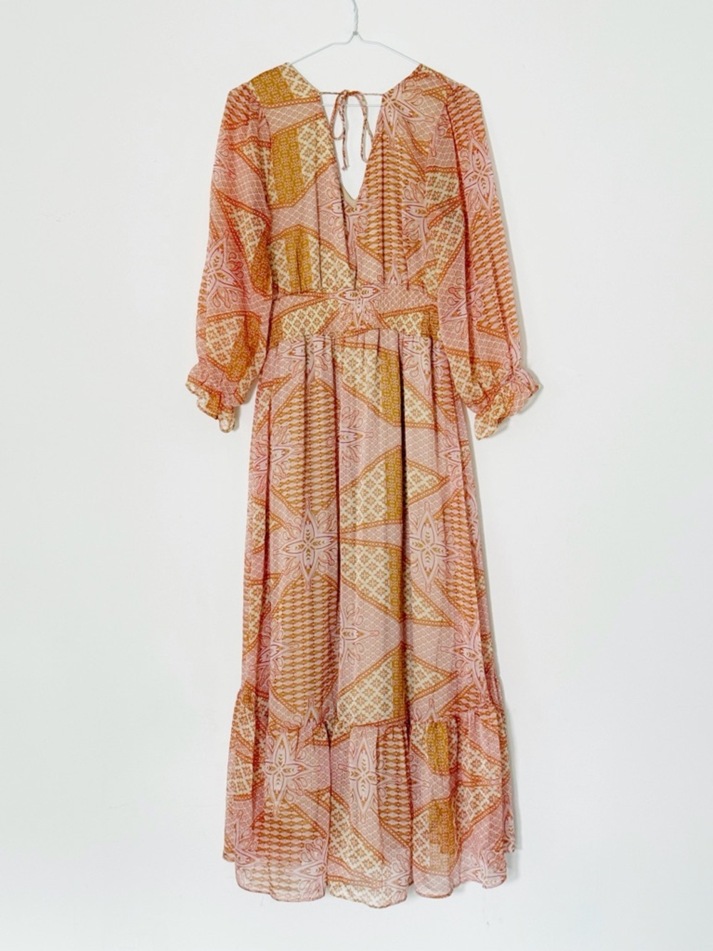 Dex Woman Pink Gold Chiffon V-Neck Smocked Waist Puff Ruffle Maxi Dress MEDIUM - Picture 2 of 7